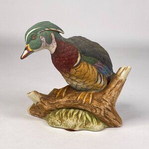 Vintage Lefton Hand Painted Wood Duck Figurine KW908 Made in Japan Foil Tag